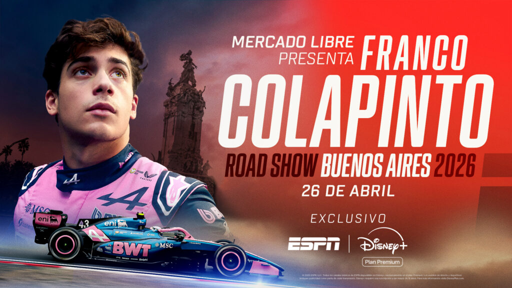 Mercado Libre presenta Franco Colapinto Road Show Buenos Aires 2026, una exhibición que llevará toda la velocidad de la máxima categoría del automovilismo mundial a las calles de la ciudad y que se podrá ver en exclusivo por ESPN y Disney+ Plan Premium. Una propuesta cargada de adrenalina y emoción para los fanáticos.