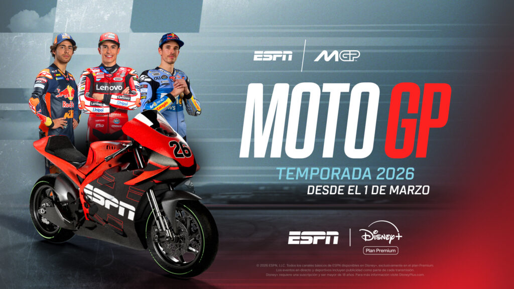 El Campeonato Mundial de Motociclismo disputa su segunda fecha del calendario 2026 con el GP de Brasil, que marca el regreso de la categoría reina al país después de 22 años de ausencia. Todas las sesiones de prácticas, clasificación, sprint y carrera principal, se pueden ver por ESPN en Disney+ Plan Premium.