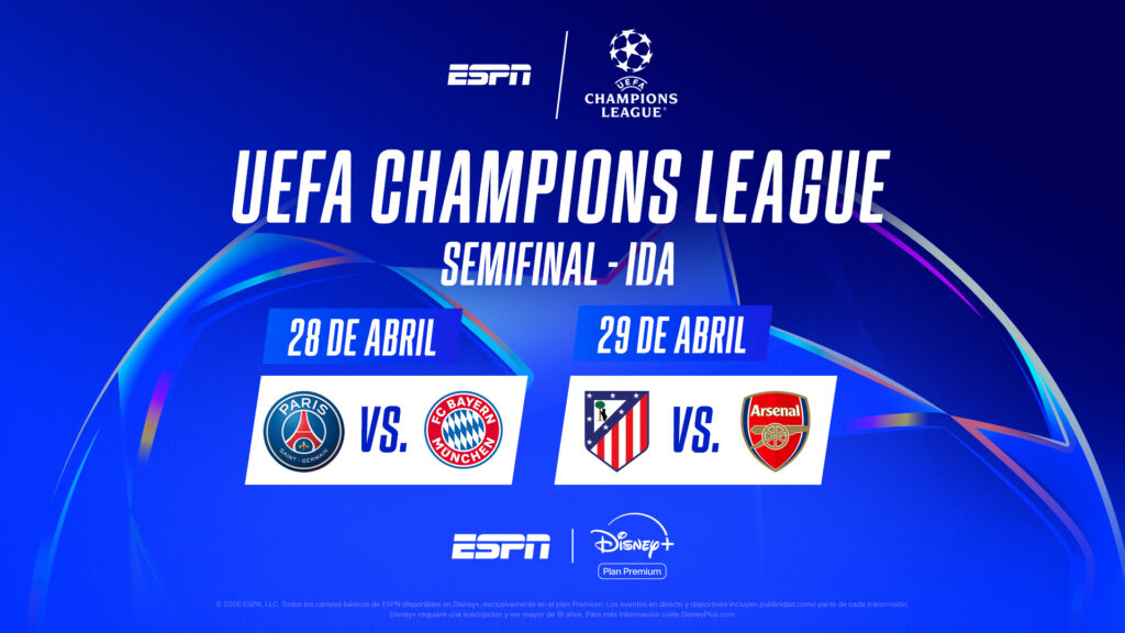 Desde el martes 28 hasta el jueves 30 de abril, por ESPN en Disney+ Plan Premium se podrán disfrutar en vivo de las semifinales de la UEFA Champions League, la UEFA Europa League y la UEFA Conference League