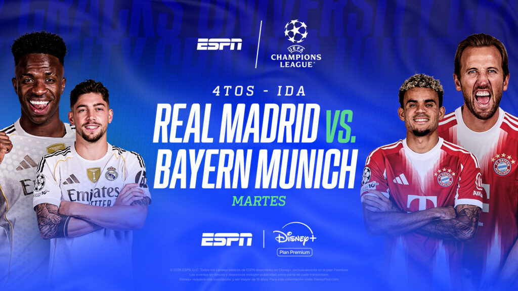 Desde el martes 7 hasta el jueves 9 de abril por ESPN en Disney+ Plan Premium se podrán disfrutar en vivo de todos los partidos de los cuartos de final de la UEFA Champions League, la UEFA Europa League y la UEFA Conference League