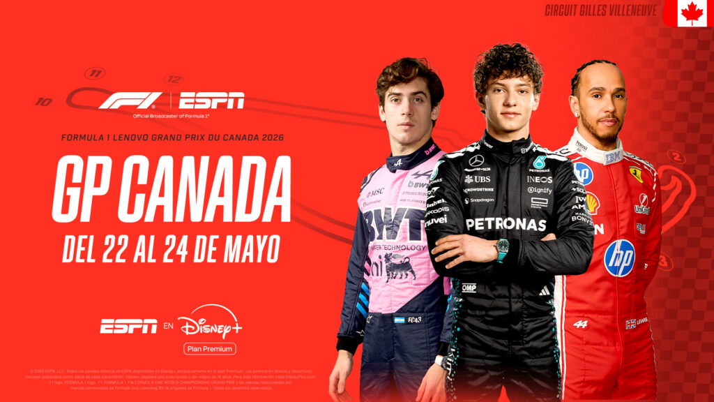Del 22 al 24 de mayo, la Fórmula 1 llega al Circuito Gilles-Villeneuve. ESPN en Disney+ Plan Premium ofrecerán en vivo todas las sesiones de prácticas, clasificación y carrera, junto con las cámaras on-board en los autos de Colapinto y Verstappen.