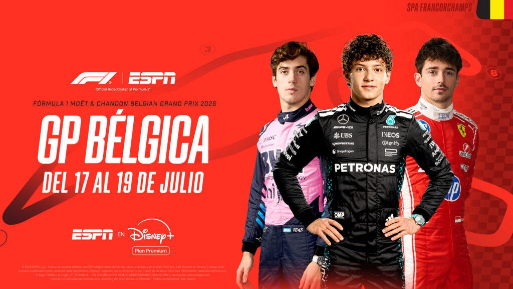 Del 17 al 19 de julio, la Fórmula 1 llega a Bélgica para disputar una nueva fecha del campeonato. ESPN en Disney+ Plan Premium ofrecerá en vivo todas las sesiones de F1, F2 y F3, junto con las cámaras on-board en los autos de 
Franco Colapinto y George Russell.