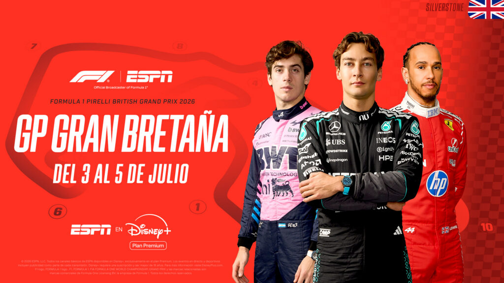 Del 3 al 5 de julio, la Fórmula 1 llega a Silverstone para disputar la novena fecha de la temporada y el cuarto fin de semana sprint del año. ESPN en Disney+ Plan Premium ofrecerá en vivo todas las sesiones de práctica, clasificación y carrera, junto con las cámaras on-board en los autos de Franco Colapinto y Lando Norris.